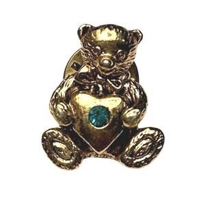 Vintage CAMCO Teddy Bear Holding Heart Brooch Gold Tone Green Rhinestone